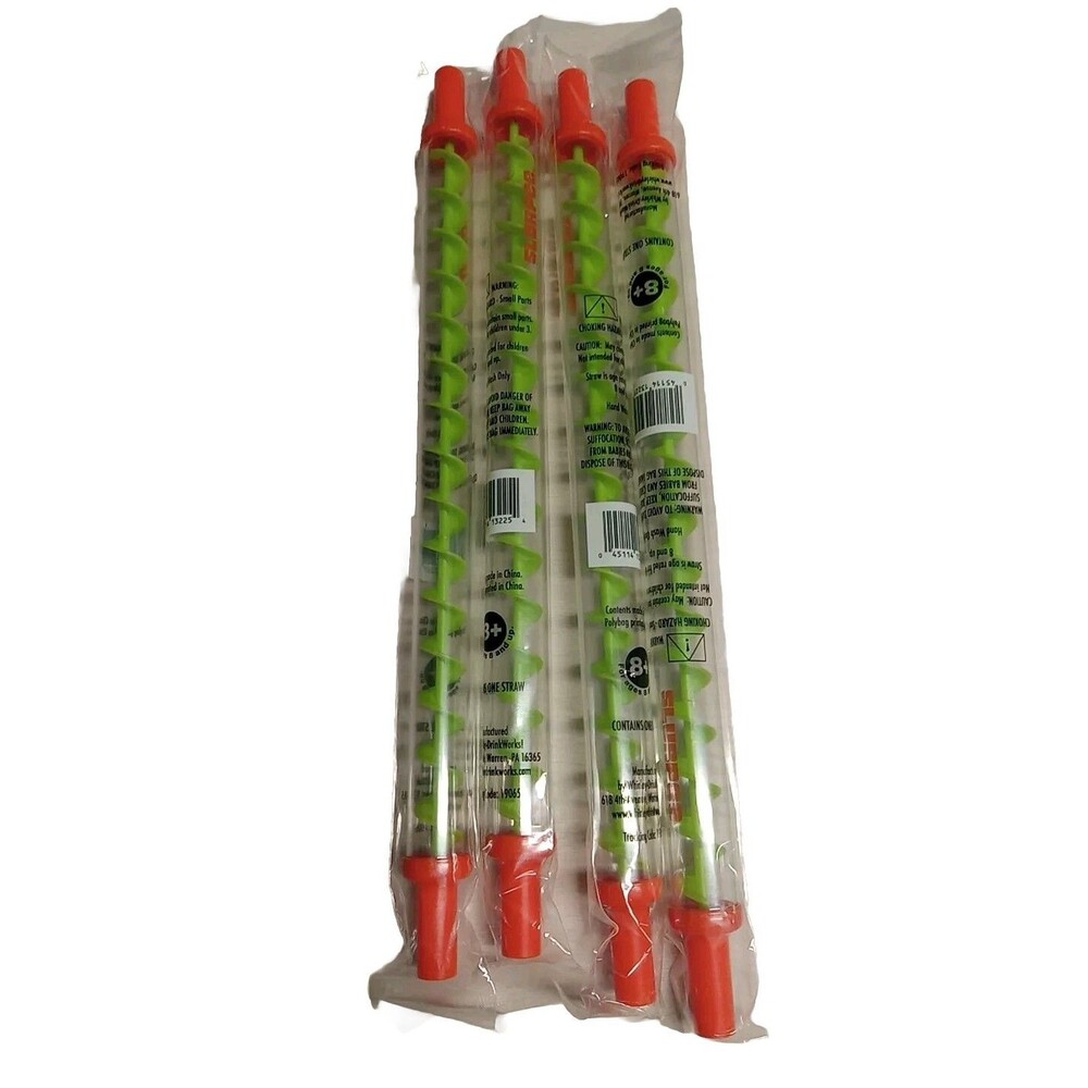Lot Of 4 Green Orange Spiral Slurpee Straws Plastic Whirley-Drinks New Sealed